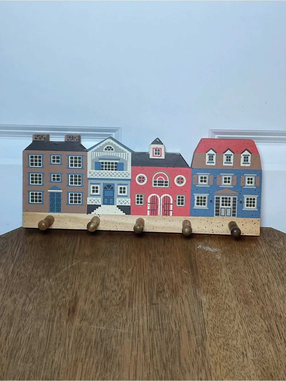 Vintage Hand Painted Wooden Village Wall Coat Rack Key Holder 5 Peg